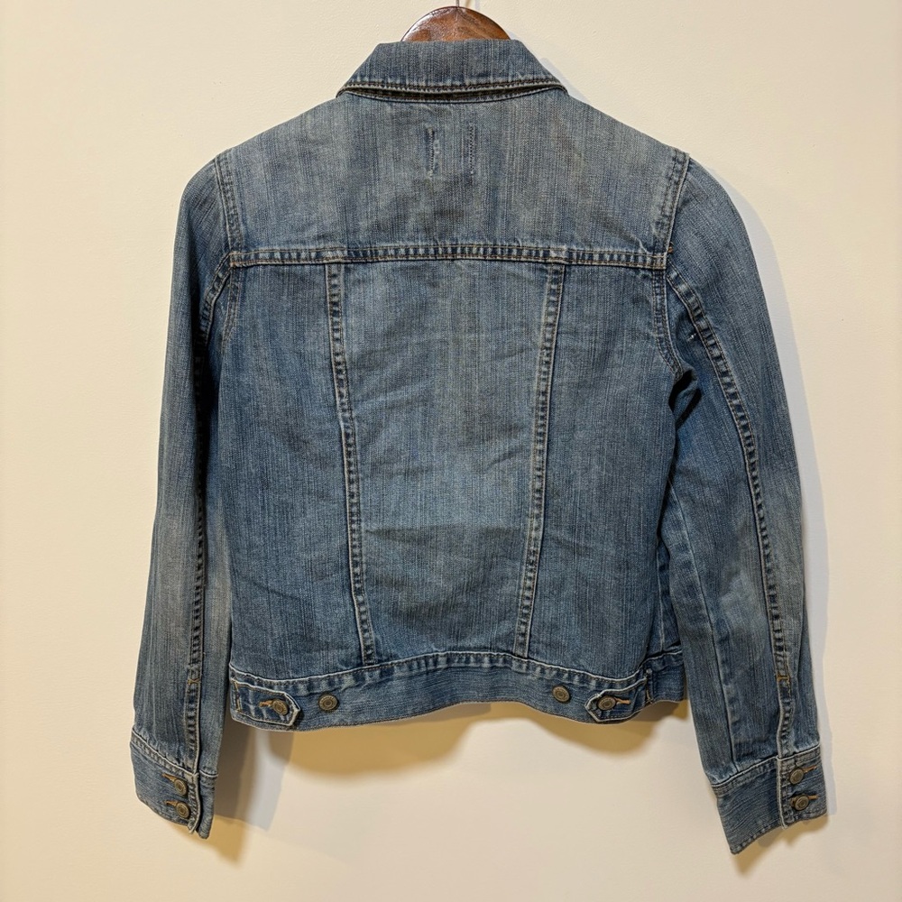 Y2K Fitted Denim Jacket 100% Cotton Cropped Jean Jacket Women’s Small - Picture 2 of 6